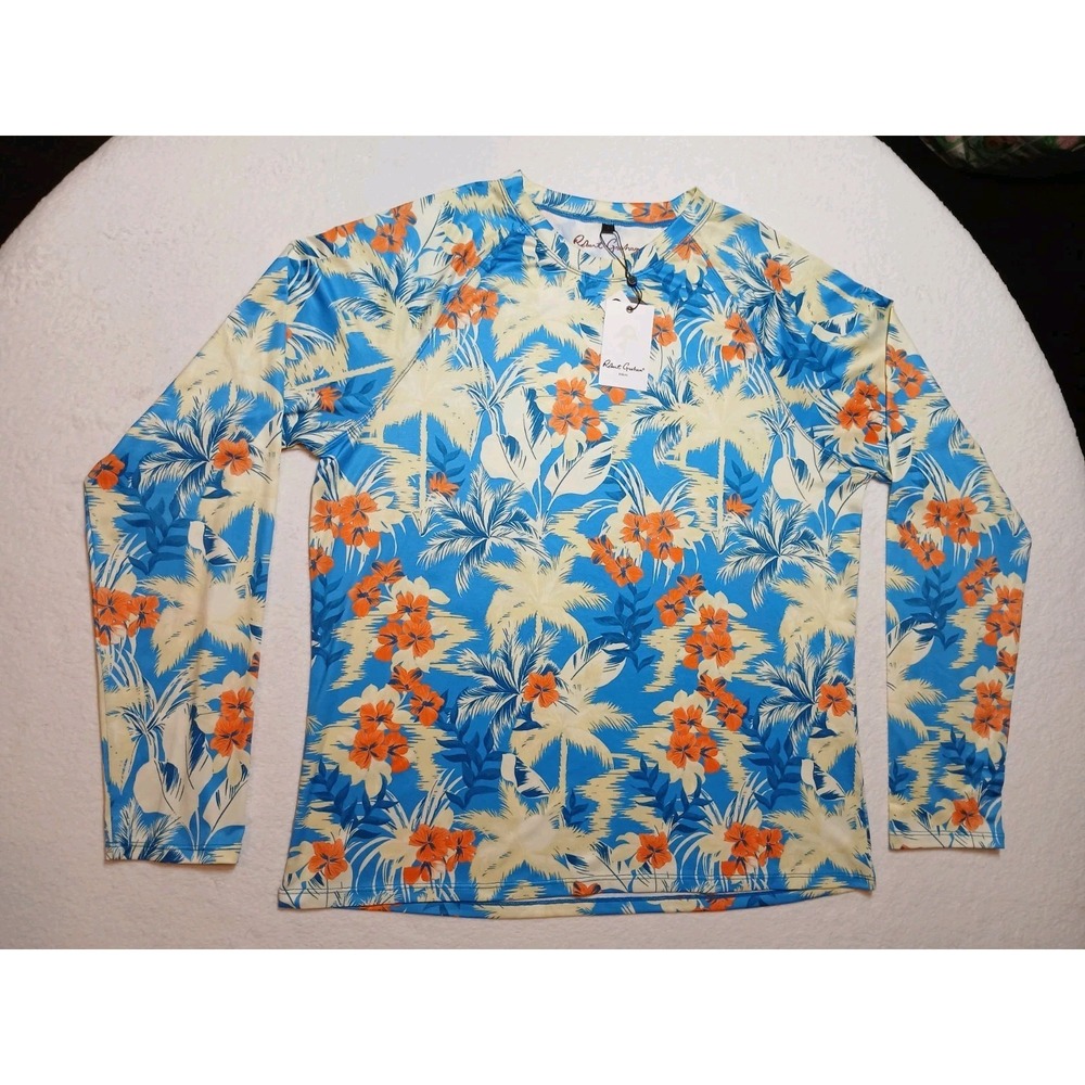 NWT Robert Graham Mens L Rash Guard Tropical Forest Azure Blue UPF 50+ SMRG114